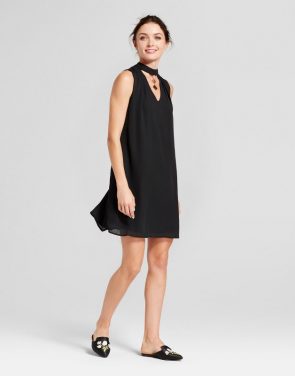 photo Choker Neck Trapeze Dress with Necklace Detail by Lux II, color Black - Image 1