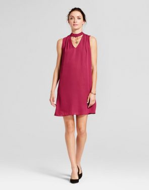 photo Choker Neck Trapeze Dress with Necklace Detail by Lux II, color Berry Red - Image 1