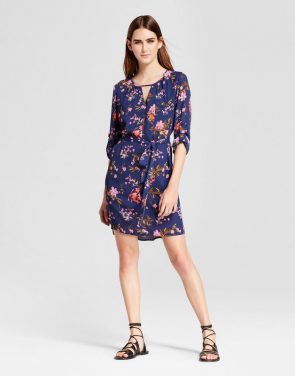 photo Floral Long Sleeve Keyhole Tie Waist Dress by Eclair, color Multi - Image 1