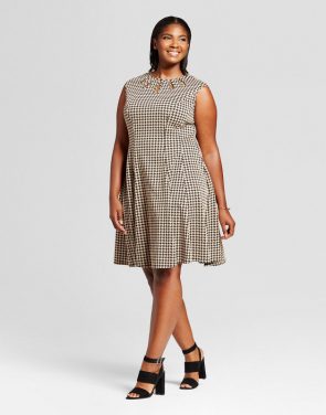 photo Plus Size Jacquard Houndstooth Fit and Flare Dress by Melonie T, color Black/Tan - Image 1