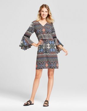 photo Mixed Printed Long Sleeve Fit and Flare Dress by Chiasso, color Black Combo - Image 1