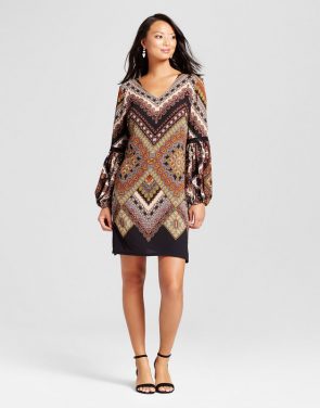 photo Printed Balloon Sleeve Dress with Crochet Detail by Chiasso, color Black Combo/Brown - Image 1