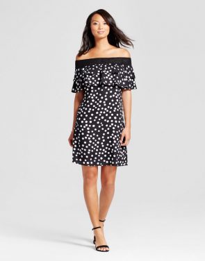 photo Dot Printed Off the Shoulder Dress with Crochet Hem by Chiasso, color Black & White - Image 1