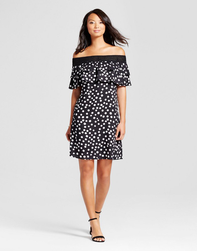 photo Dot Printed Off the Shoulder Dress with Crochet Hem by Chiasso, color Black & White - Image 1