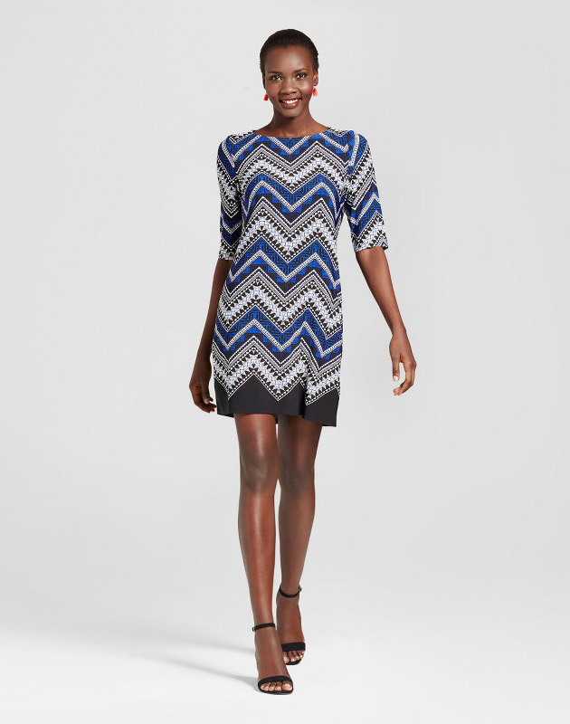photo Printed Scoop Neck Elbow Sleeve Knit Dress by Studio One, color Black/Blue - Image 1