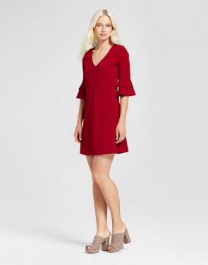 photo 3/4 Sleeve V-Neck Ruffle Bell Sleeve Dress by Vanity Room, color Red - Image 1