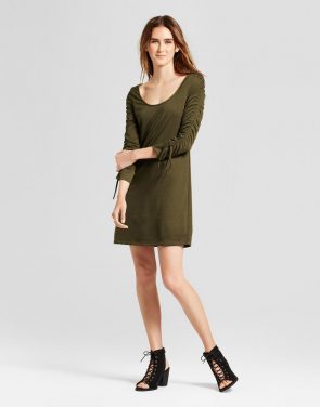 photo Ruched Sleeve French Terry Dress by Vanity Room, color Olive Green - Image 1