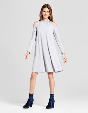 photo French Terry Cold Shoulder Swing Dress by Vanity Room, color Heather Grey - Image 1