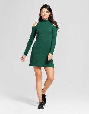 photo Cold Shoulder Knit Ribbed Dress by Necessary Objects, color Green - Image 1
