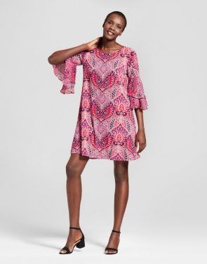 photo Printed Knit with Chiffon Sleeve Dress by Studio One, color Pink/Navy - Image 1