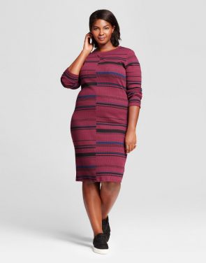 photo Plus Size Striped Rib Dress by Ava & Viv, color Burgundy - Image 1