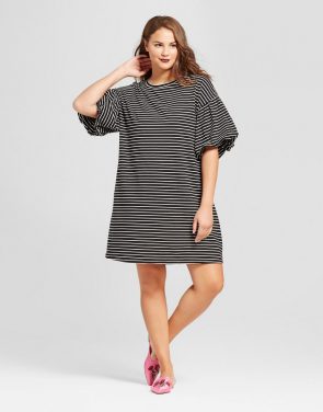photo Plus Size Puff Sleeve T-Shirt Dress by Who What Wear, color Black Stripe - Image 1