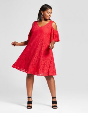 photo Plus Size Lace Cold Shoulder Dress by Melonie T, color Red - Image 1