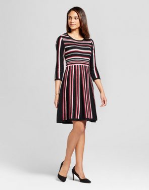 photo Striped Long Sleeve Fit and Flare Sweater Dress by Studio One, color Red White Black - Image 1
