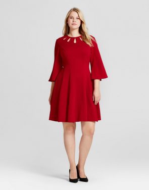 photo Plus Size Bell-Sleeve Fit and Flare A Line Dress by Melonie T, color Red - Image 1