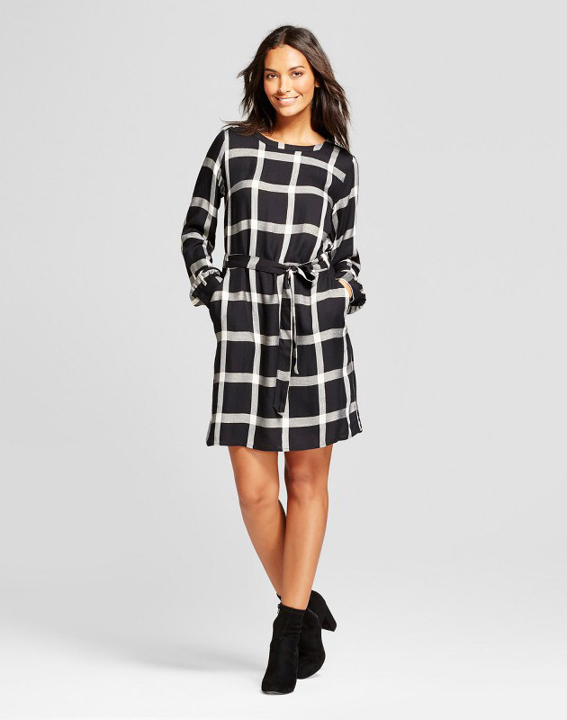 photo Plaid Tie Waist Dress with Shine by A New Day, color Black Plaid - Image 1