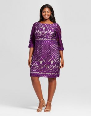 photo Plus Size 3/4 Sleeve Lace Sheath Dress by Melonie T, color Purple - Image 1