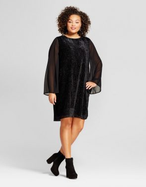 photo Plus Size Burnout Velvet Sheer Sleeve Dress by Ava & Viv, color Black - Image 1