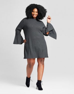 photo Plus Size Bell Sleeve Ribbed Dress by Ava & Viv, color Dark Heather Grey - Image 1