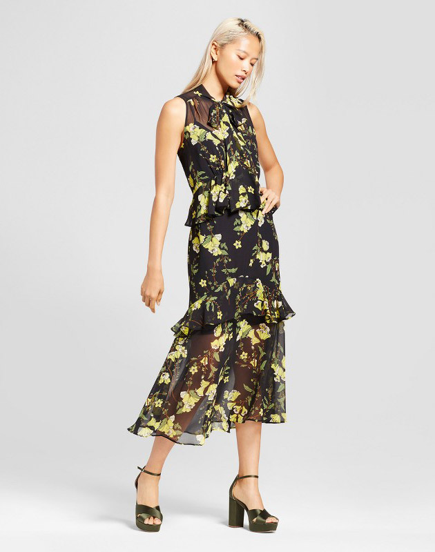 photo Tiered Ruffle Midi Dress- Who What Wear, color Black/Yellow Floral - Image 1