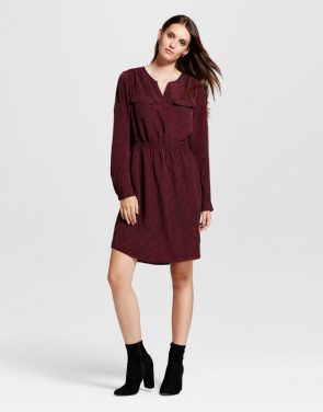 photo Printed Convertible Sleeve Shirt Dress by Mossimo, color Burgundy - Image 1