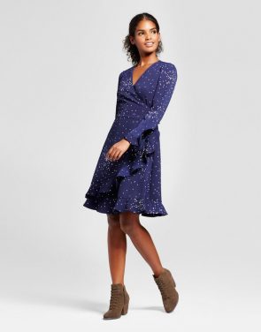 photo Polka Dot Wrap Dress with Ruffle Cuff by K by Kersh, color Navy/White - Image 1