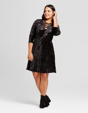 photo Plus Size Strappy Crushed Velvet Skater A-Line Dress by No Comment, color Black - Image 1