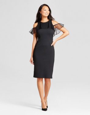 photo Knit Sheath Dress with Mesh Flutter Sleeve by Melonie T, color Black - Image 1