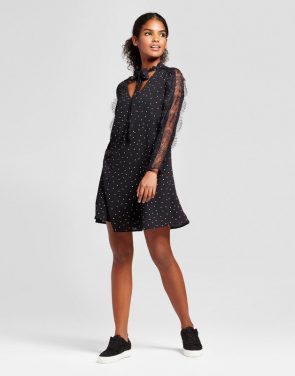 photo Printed Lace Panel Sleeve Tie Neck Shift Dress by K by Kersh, color Black - Image 1