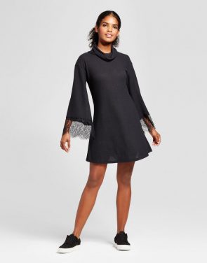 photo Lace Bell Sleeve Sweater Dress by Vanity Room, color Black - Image 1