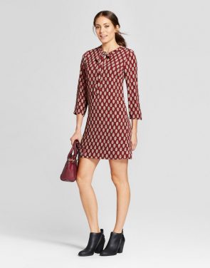 photo Tie Neck Printed Shift Dress by Loramendi, color Red Combo - Image 1