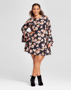 photo Plus Size Tiered Ruffle Cuff Mini Dress by Who What Wear, color Black Floral - Image 1