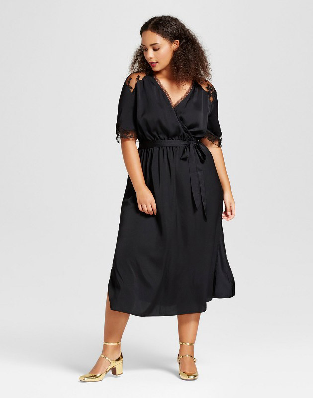 photo Plus Size Satin and Lace Midi Dress by Who What Wear, color Black - Image 1