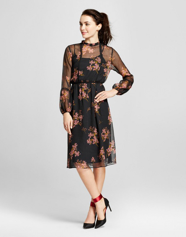 photo Lace Trim Midi Dress by Who What Wear, color Black Floral - Image 1