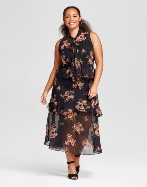photo Plus Size Tiered Ruffle Midi Dress by Who What Wear, color Black Floral Pink - Image 1
