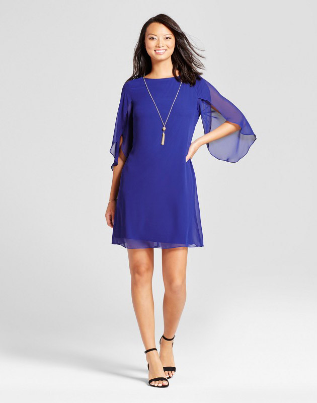 photo Woven Dress with Chiffon Sleeve and Necklace by Chiasso, color Cobalt - Image 1