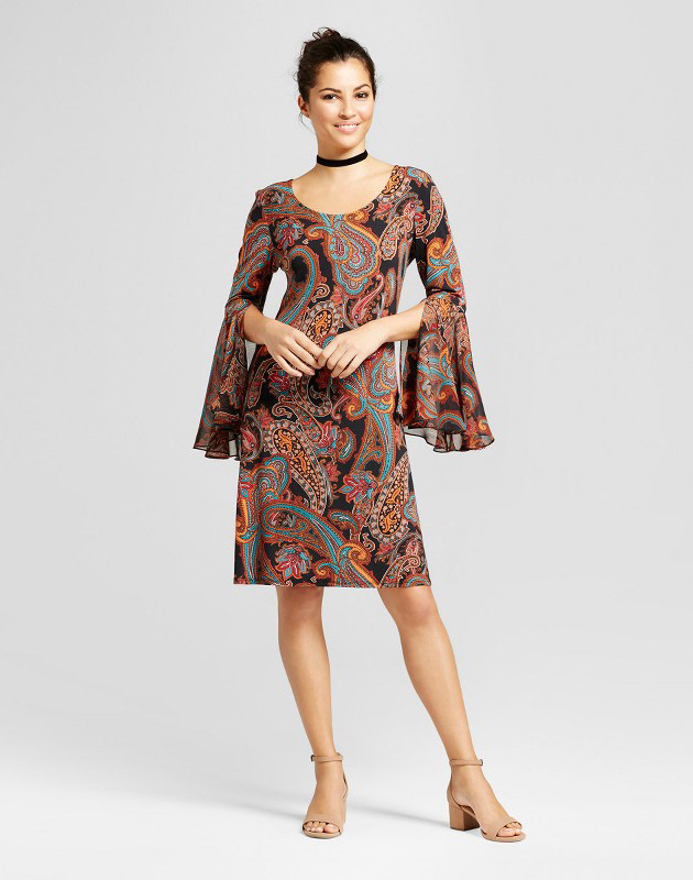photo Printed Shift Dress with Woven Trumpet Sleeve by Chiasso, color Rust Combo - Image 1