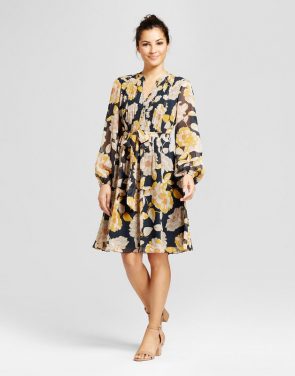 photo Floral Printed Pintuck Shirt Dress with Chiffon Sleeve by Chiasso, color Multi - Image 1