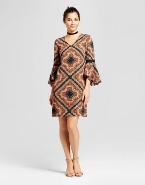 photo Geo Printed Shift Dress with Crochet Sleeve Detail by Chiasso, color Black Coral - Image 1