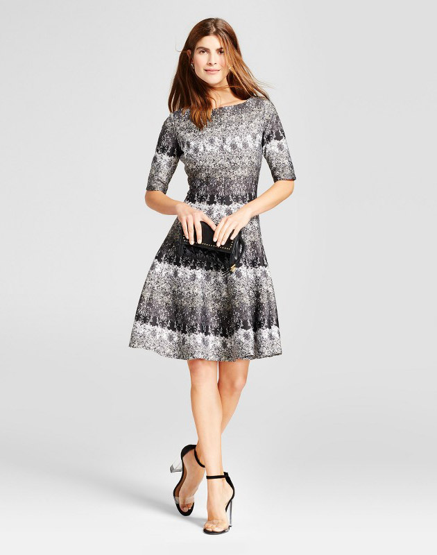 photo Printed Elbow Sleeve Scuba Dress by Melonie T, color Black/Ivory - Image 1