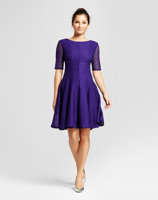 photo Printed Lace Fit and Flare Dress by Melonie T, color Purple - Image 1