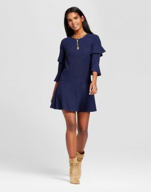 photo Ribbed Ruffle Sleeve Sweater Dress by Eclair, color Navy - Image 1