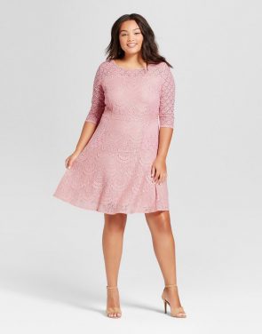 photo Plus Size 3/4 Sleeve Lace Fit and Flare Dress by Notations, color Pink - Image 1