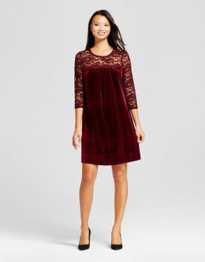 photo Velvet Shift Dress with Lace Yolk by Lux II, color Burgundy - Image 1
