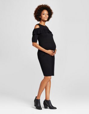 photo Maternity Elbow Sleeve Ruffled Cold Shoulder Dress by MaCherie, color Black - Image 1