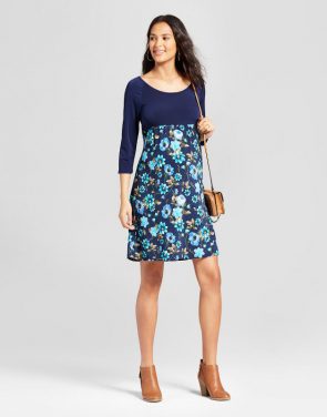 photo Maternity 3/4 Sleeve Print Mixed Dress by MaCherie, color Blue|Navy - Image 1