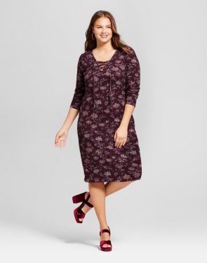 photo Plus Size Cozy Floral Print Lace Up Dress by Xhilaration, color Burgundy - Image 1