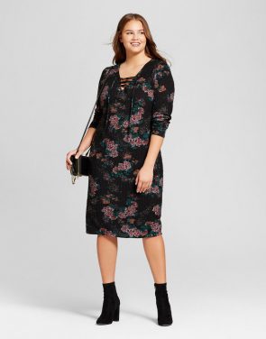 photo Plus Size Cozy Floral Print Lace Up Dress by Xhilaration, color Black - Image 1