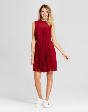 photo Pleated Chiffon Extended Shoulder Dress by Spenser Jeremy, color Red - Image 1