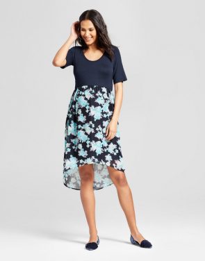 photo Maternity Floral Elbow Sleeve Dress by MaCherie, color Navy Multi - Image 1